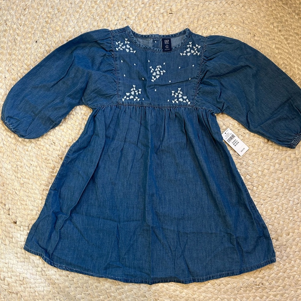 NWT Gap denim embroidered button back blue jean bubble sleeve dress girl